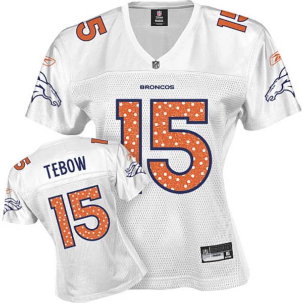 Broncos #15 Tim Tebow White Women's Sweetheart Stitched NFL Jersey - Click Image to Close